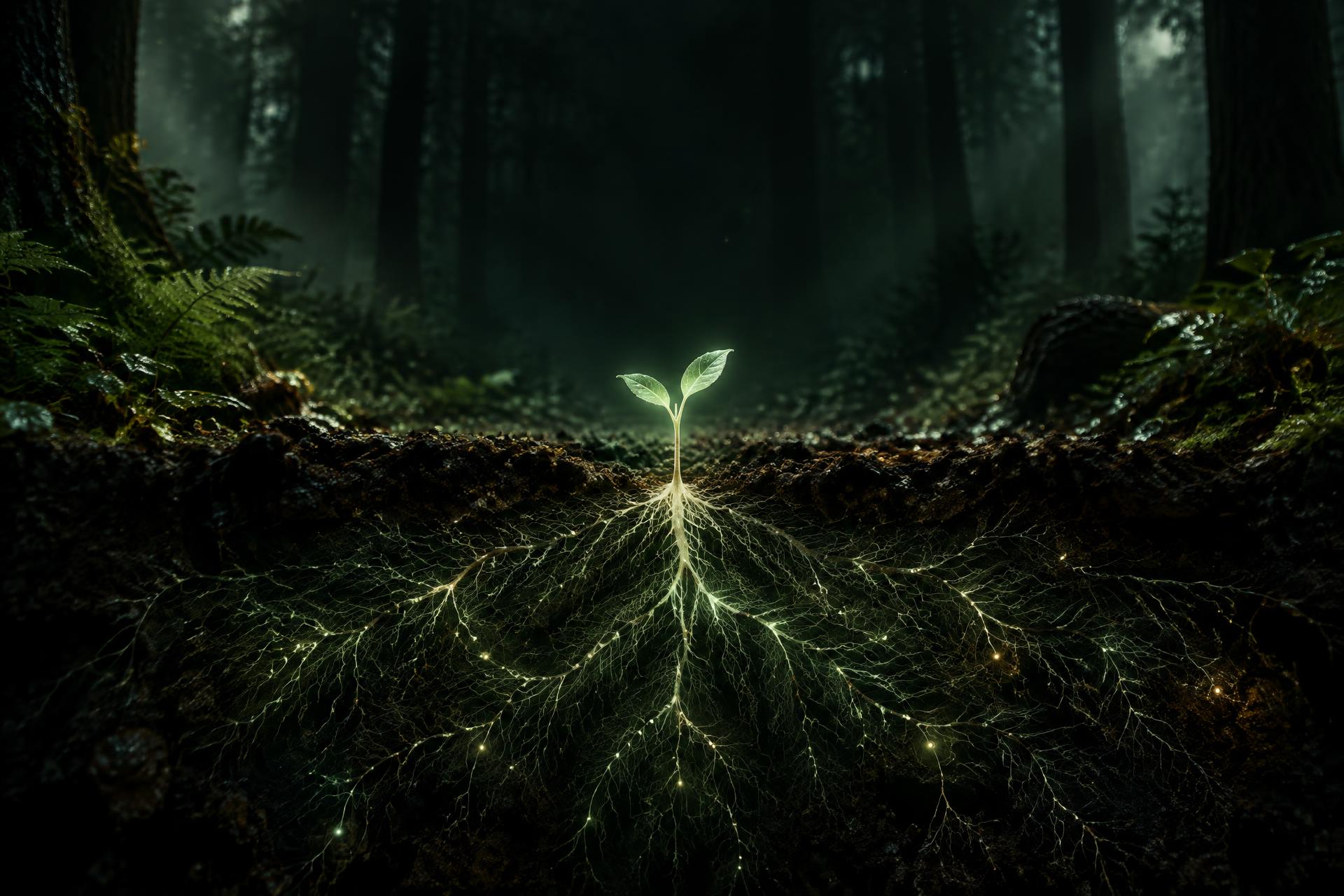 A glowing seedling above a luminous underground mycelial network